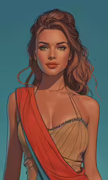 the woman in a colorful dress is wearing very large breast