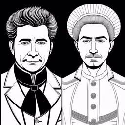 black and white drawing of two men from different ages,three men in uniforms, one wearing a black and white hat,the two gentlemen in black and white,two men are drawn in black and white,two men in black and white are looking into the camera