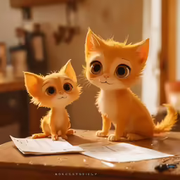 two small cats are standing on top of a table