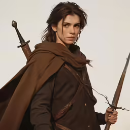 a woman in a brown coat holding two swords