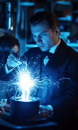 a man in a suit and tie holding a small silver object