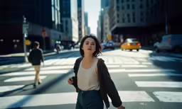 a woman crossing a street with cars on both sides