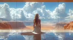 woman in white dress sitting on the floor by windows in a desert setting,woman standing in front of large, unrealistic window with amazing landscape