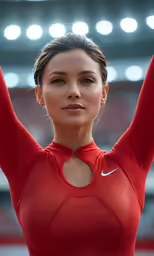 a female athlete holding up her hands and making the face