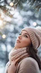 woman with a snow cap and scarf under a tree