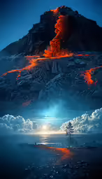 an illustration shows a mountain and fire with clouds