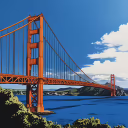 an orange bridge spanning over a large body of water
