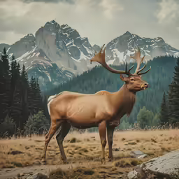 this photo shows a very large elk standing on the hillside