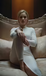 woman sitting on a bed with her hand over the edge