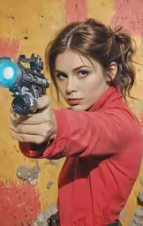 a woman holding a light up gun in her hands