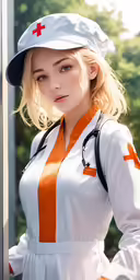 a young female wearing a red cross costume
