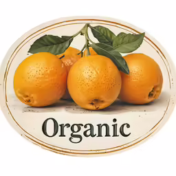 three oranges with leaves on each side of the label