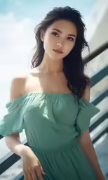 a woman posing for a photo in a green dress