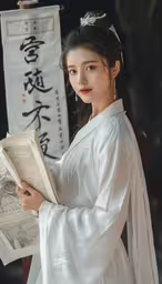 a woman dressed in a long white dress is reading a book,an asian woman is holding a book