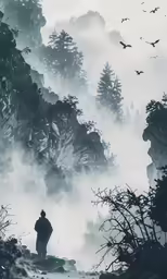 a man in the fog looking down at some trees