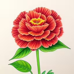 the drawing is of a flower that is on a white sheet,a painting with green leaves and red flower,drawing of an orange flower with green leaves,a flower that is sitting on the ground,a red flower is shown in this painting