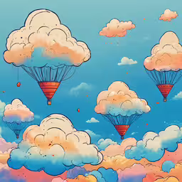 the sky is filled with a bunch of hot air balloons,some people flying in the sky and some clouds
