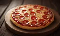 a pizza with slices of pepperoni sits on a wooden surface