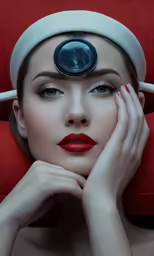 a woman with red makeup and hat posing
