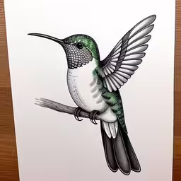 a bird with wings spread over a branch,a white and green bird on a white paper