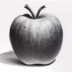 an apple with its stem on a white surface