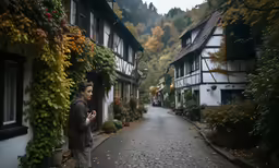 a man is standing by a row of houses on a narrow street