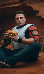 man sitting on the ground holding sandwich and looking at camera