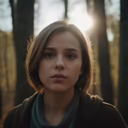 a woman is standing in the forest with the sun peeking behind her