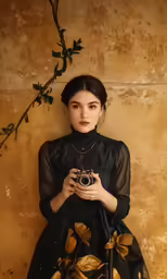a girl poses for the camera with a dress in front of her