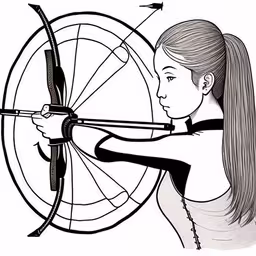a woman with long hair aims a bow at the target,an image of a girl with a bow and arrow shooting a target,a drawing of a woman using a rifle at an archery range,woman with long hair aiming a bow at a target,the image depicts a woman aiming her bow at an arrow