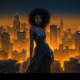 a beautiful black woman standing in front of a large city