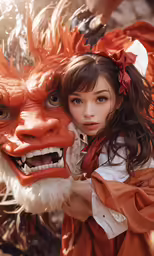 a little girl is posing next to a dragon