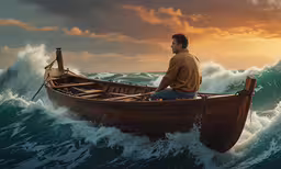 a man sitting in the front of a boat in rough waves,man sitting in a boat on the waves, at sunset