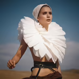 a woman with a headdress and neck scarf