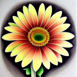 an artistic flower painted on a black and white background,a brightly colored flower on a white plate,there is a drawing of a flower in this picture,an illustration of a colorful, yellow and red flower on a white background,a colorful drawing of a flower in the middle of the frame