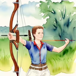 a woman in blue shirt standing in front of a archery bow,an artistic painting of a person aiming a bow and arrow