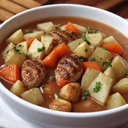 a bowl of soup with meat and carrots