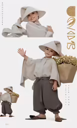 a boy wearing a hat and cape in three images