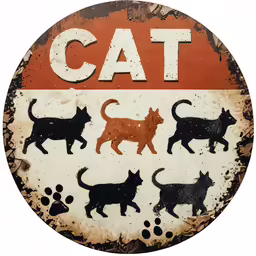 an old rusty, rusted, and faded cat sign