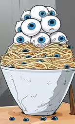 an animated bowl filled with noodles and googly eyes