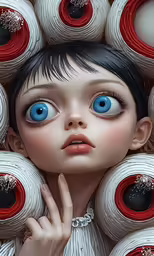a little girl surrounded by many spools of yarn
