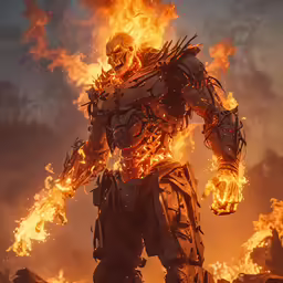 a robot with big wheels, large flames and skulls