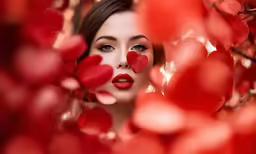 a young woman looks at the camera through red petals