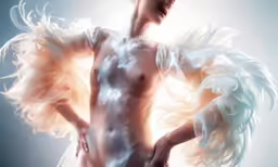 a nude woman has an angel wing on her back