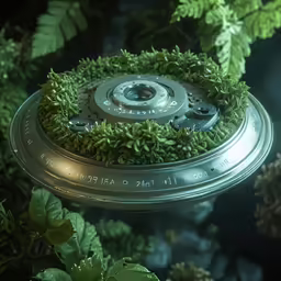 the rotor of an old flying saucer in flight among greenery