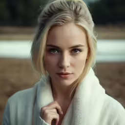 a beautiful blonde woman wearing a robe posing for a photo