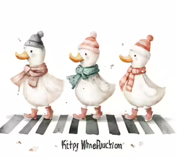 three ducks wearing hats and scarfs crossing the street
