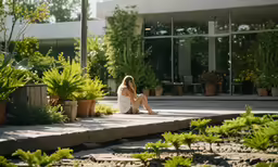 a woman sitting on top of a patio
