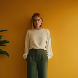 a woman wearing a white sweater and green pants