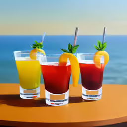 three glasses with different colored drinks sit on a table